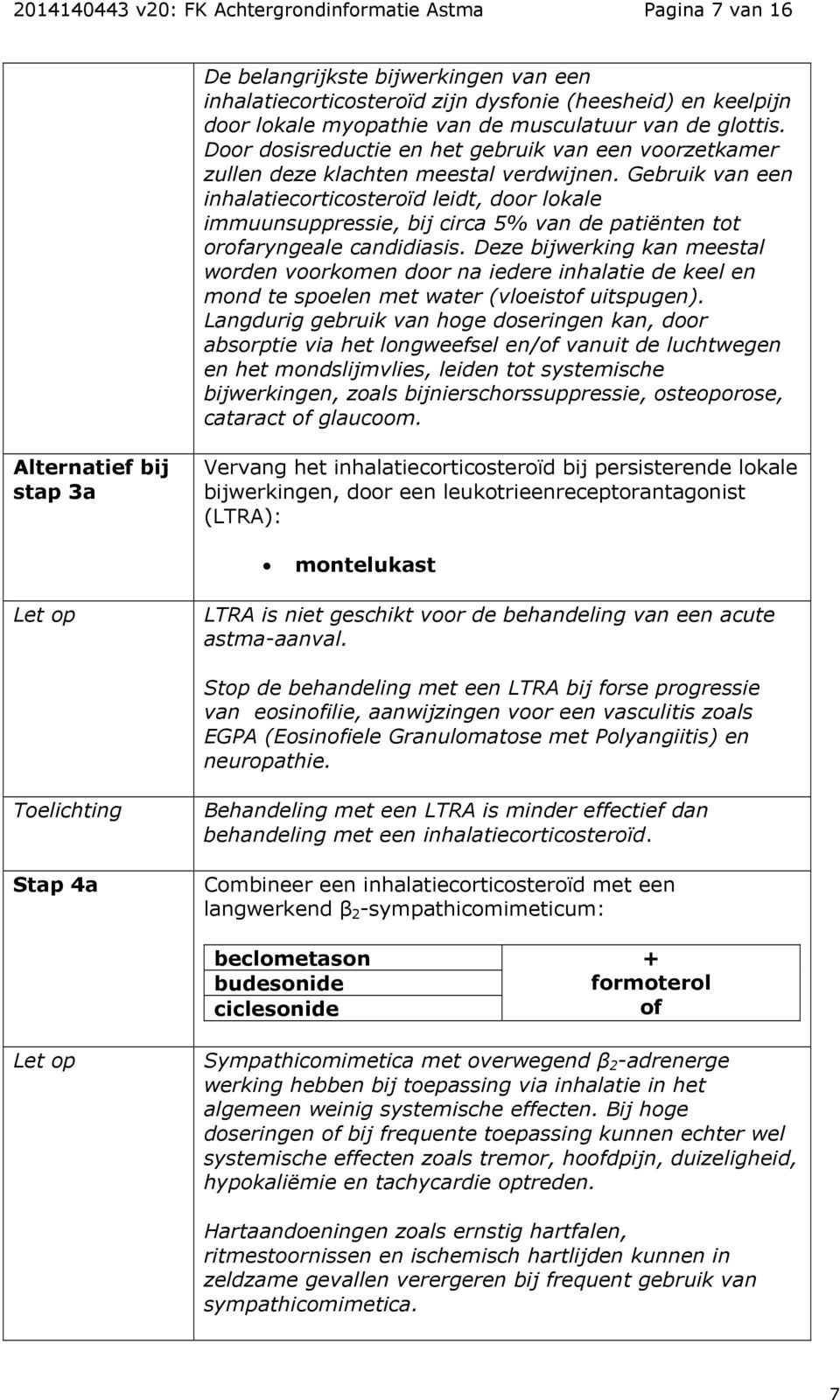 Gebruik van een inhalatiecorticosteroïd leidt, door lokale immuunsuppressie, bij circa 5% van de patiënten tot orofaryngeale candidiasis.