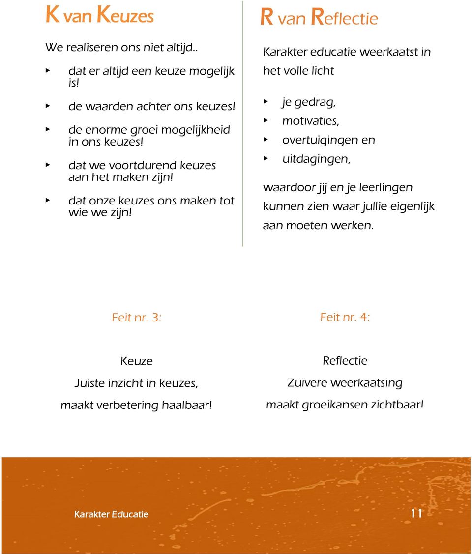 R van Reflectie Karakter educatie weerkaatst in het volle licht je gedrag, motivaties, overtuigingen en uitdagingen, waardoor jij en je leerlingen