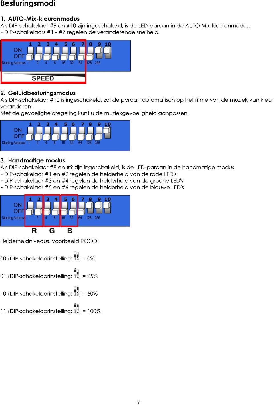 Met de gevoeligheidregeling kunt u de muziekgevoeligheid aanpassen. 3. Handmatige modus Als DIP-schakelaar #8 en #9 zijn ingeschakeld, is de LED-parcan in de handmatige modus.