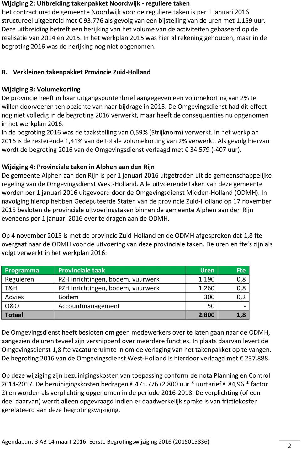 In het werkplan 2015 was hier al rekening gehouden, maar in de begroting 2016 was de herijking nog niet opgenomen. B.