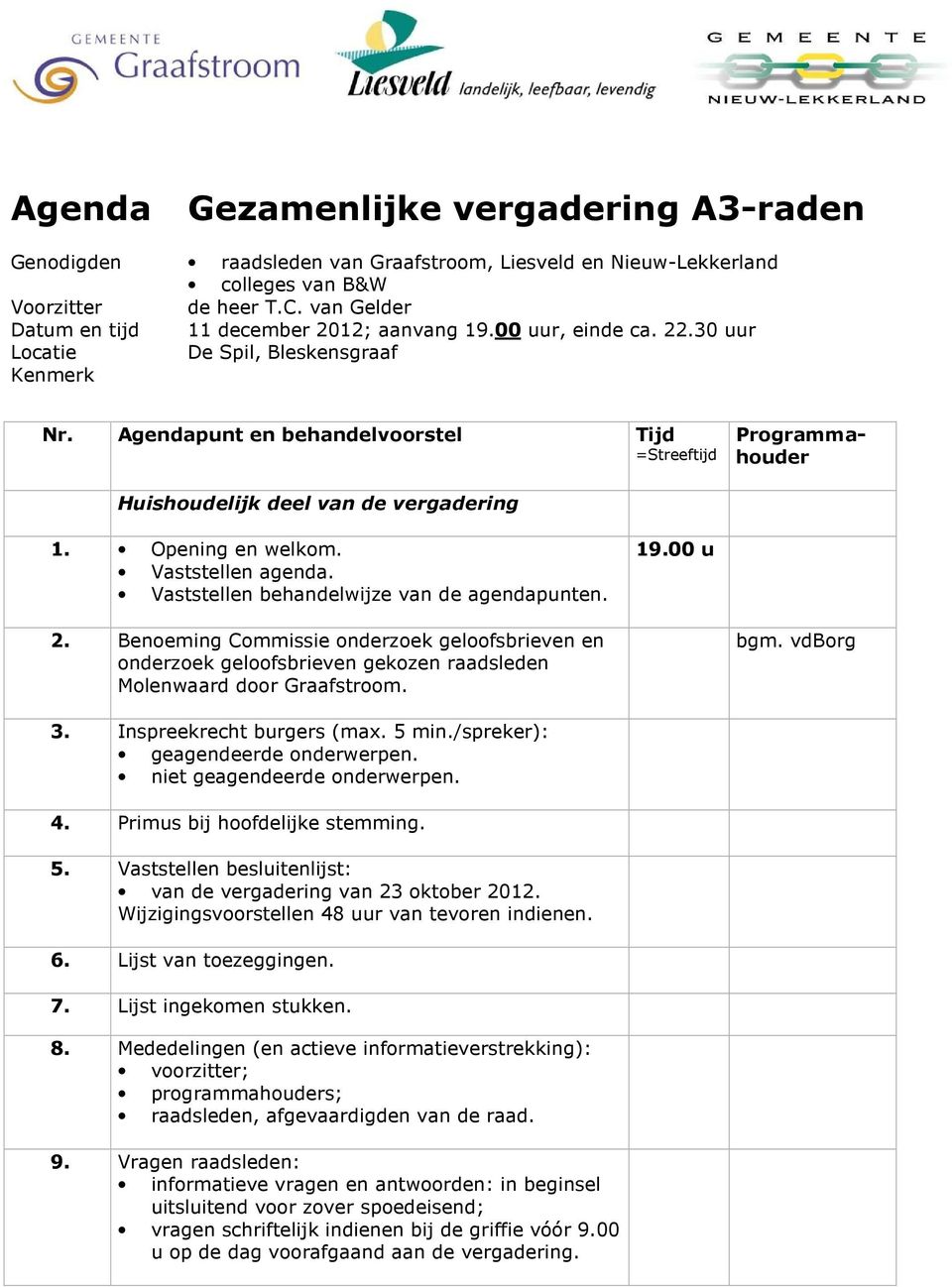 Agendapunt en behandelvoorstel Tijd =Streeftijd Programmahouder Huishoudelijk deel van de vergadering 1. Opening en welkom. Vaststellen agenda. Vaststellen behandelwijze van de agendapunten. 19.