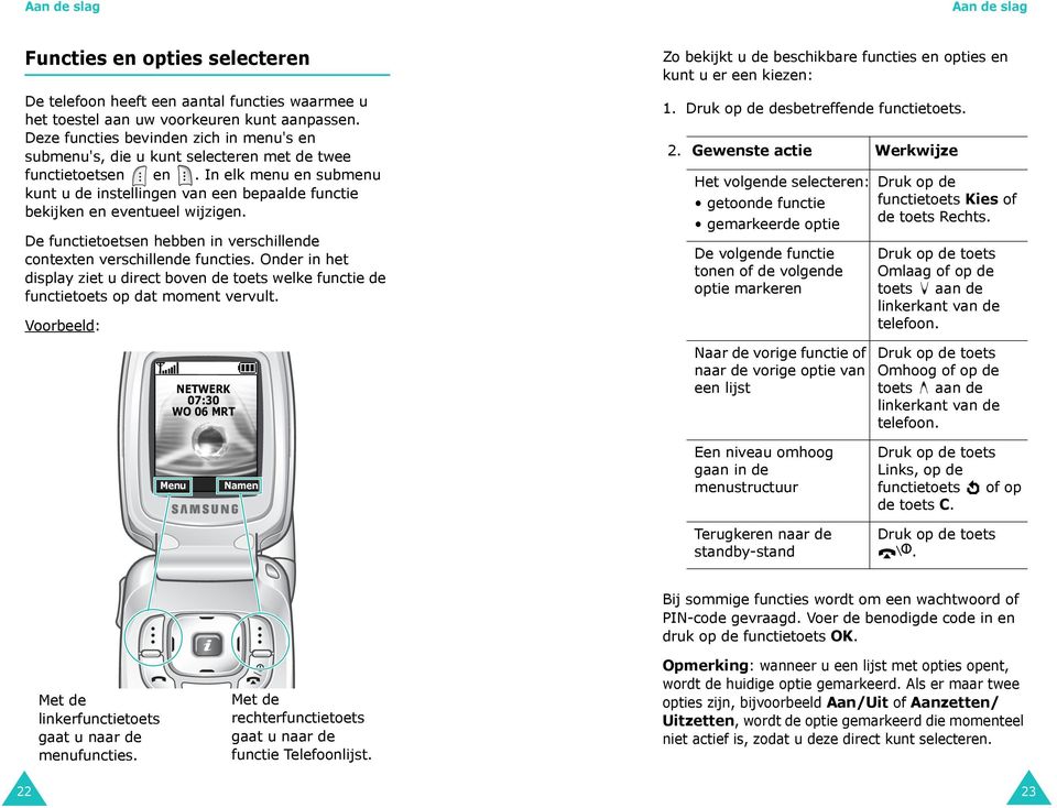 In elk menu en submenu kunt u de instellingen van een bepaalde functie bekijken en eventueel wijzigen. De functietoetsen hebben in verschillende contexten verschillende functies.