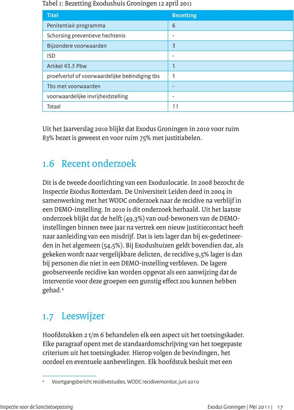 83% bezet is geweest en voor ruim 75% met justitiabelen. 1.6 Recent onderzoek Dit is de tweede doorlichting van een Exoduslocatie. In 2008 bezocht de Inspectie Exodus Rotterdam.
