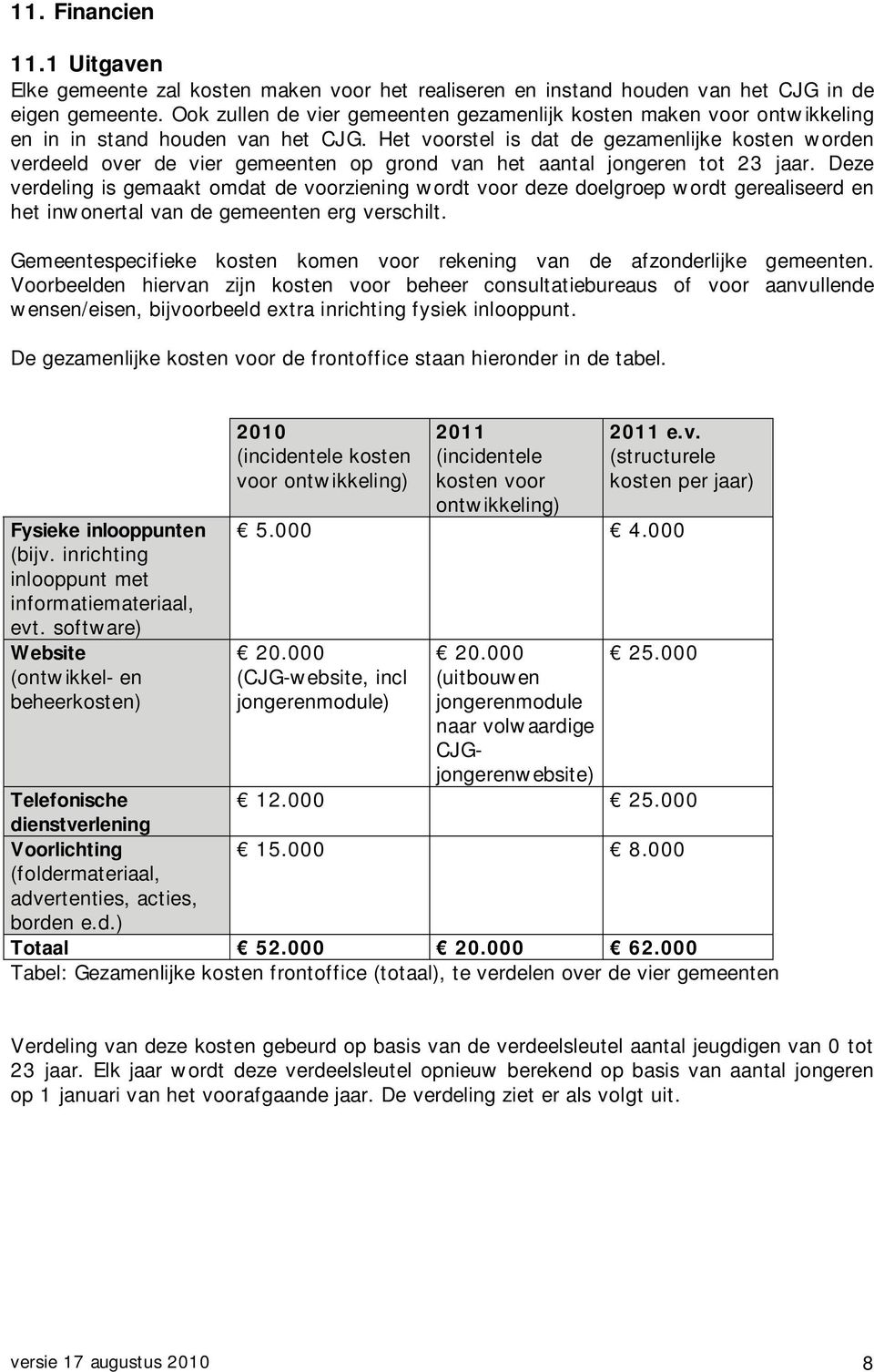 Het voorstel is dat de gezamenlijke kosten worden verdeeld over de vier gemeenten op grond van het aantal jongeren tot 23 jaar.