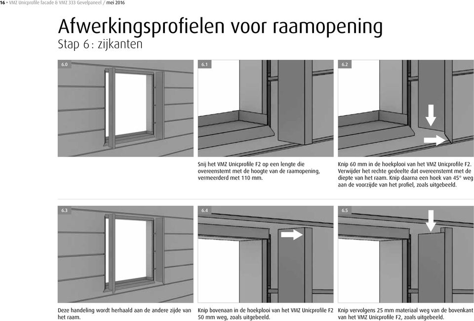 Verwijder het rechte gedeelte dat overeenstemt met de diepte van het raam. Knip daarna een hoek van 45 weg aan de voorzijde van het profiel, zoals uitgebeeld. 6.3 6.4 6.