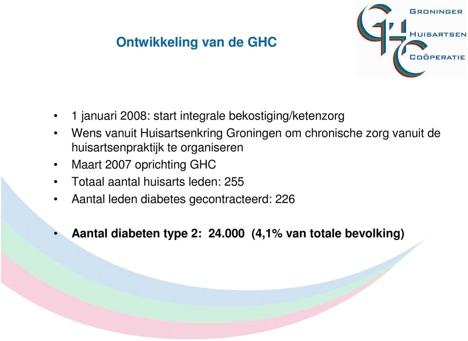 organiseren Maart 2007 oprichting GHC Totaal aantal huisarts leden: 255 Aantal leden