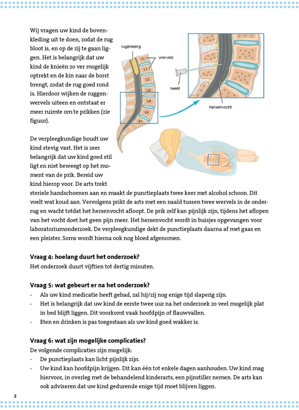 Hierdoor wijken de ruggenwervels uiteen en ontstaat er meer ruimte om te prikken (zie figuur). De verpleegkundige houdt uw kind stevig vast.