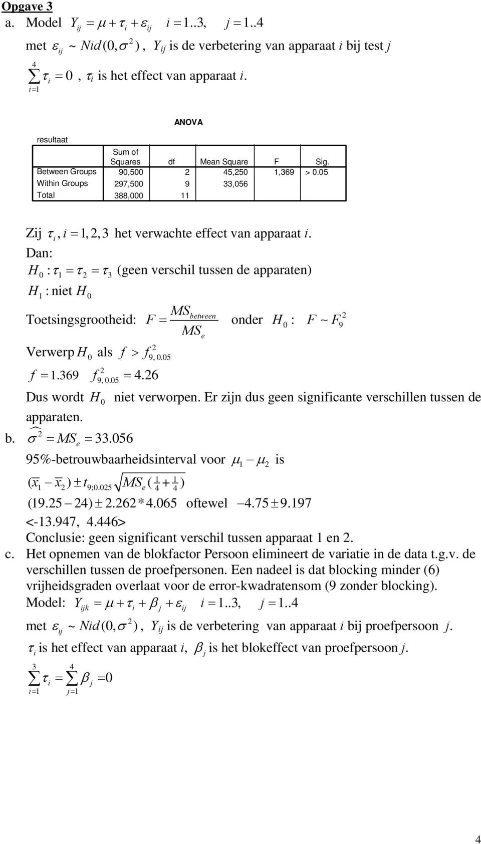 Dan: H : τ = τ = τ (geen verschl tussen de apparaten) 3 H :net H Toetsngsgroothed: Verwerp H als f =.369 f > f 9,.5 f 9,.5 = 4.6 MS between = onder MSe H : 9 Dus wordt H net verworpen.