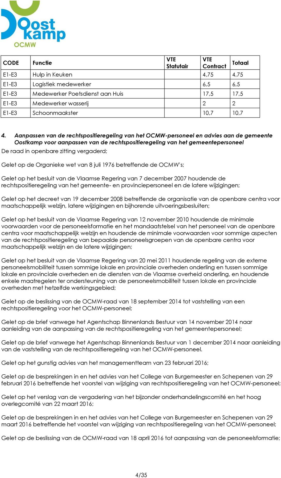 Aanpassen van de rechtspositieregeling van het OCMW-personeel en advies aan de gemeente Oostkamp voor aanpassen van de rechtspositieregeling van het gemeentepersoneel De raad in openbare zitting