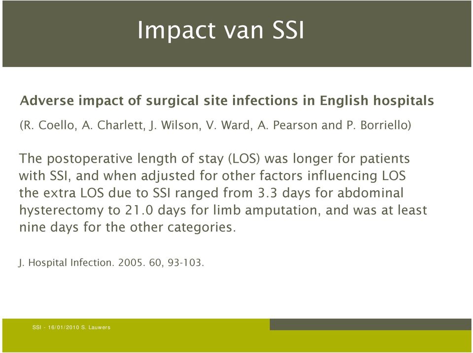 Borriello) The postoperative length of stay (LOS) was longer for patients with SSI, and when adjusted for other factors