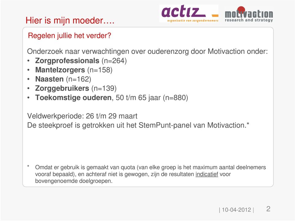 Zorggebruikers (n=139) Toekomstige ouderen, 50 t/m 65 jaar (n=880) Veldwerkperiode: 26 t/m 29 maart De steekproef is getrokken uit het