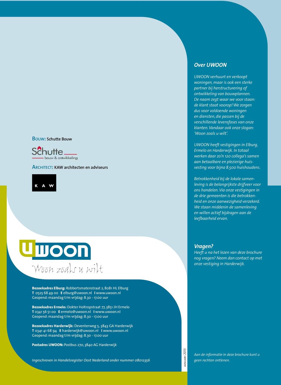 UWOON heeft vestigingen in Elburg, Ermelo en Harderwijk. In totaal werken daar zo n 120 collega s samen aan betaalbare en plezierige huisvesting voor bijna 8.500 huishoudens.
