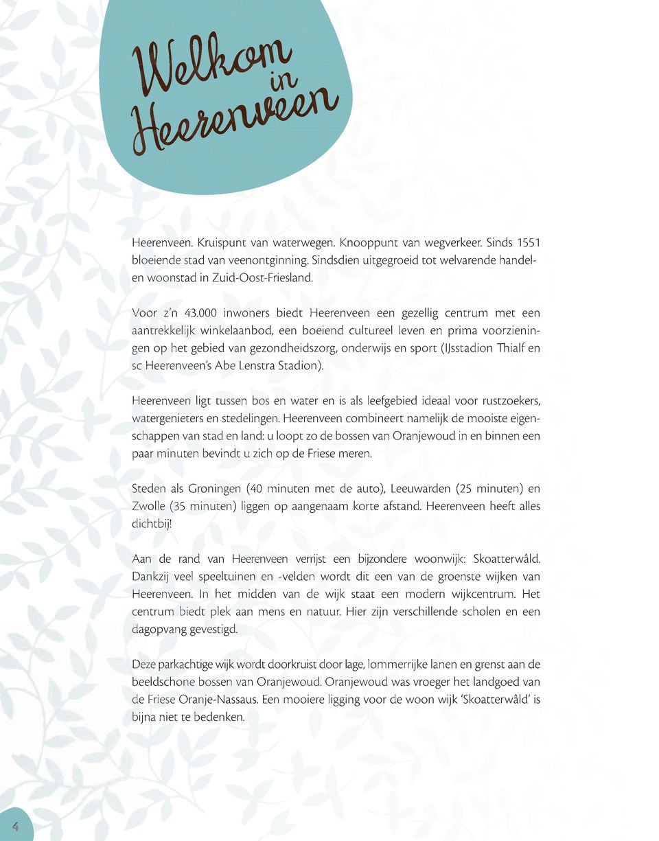 000 inwoners biedt Heerenveen een gezellig centrum met een aantrekkelijk winkelaanbod, een boeiend cultureel leven en prima voorzieningen op het gebied van gezondheidszorg, onderwijs en sport