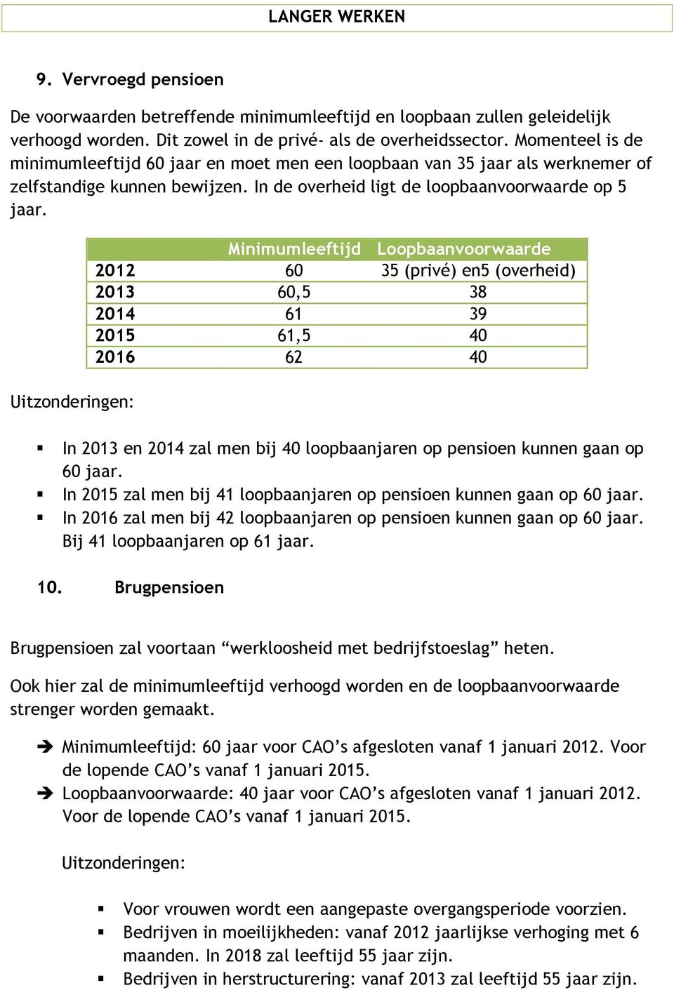 Minimumleeftijd Loopbaanvoorwaarde 2012 60 35 (privé) en5 (overheid) 2013 60,5 38 2014 61 39 2015 61,5 40 2016 62 40 In 2013 en 2014 zal men bij 40 loopbaanjaren op pensioen kunnen gaan op 60 jaar.