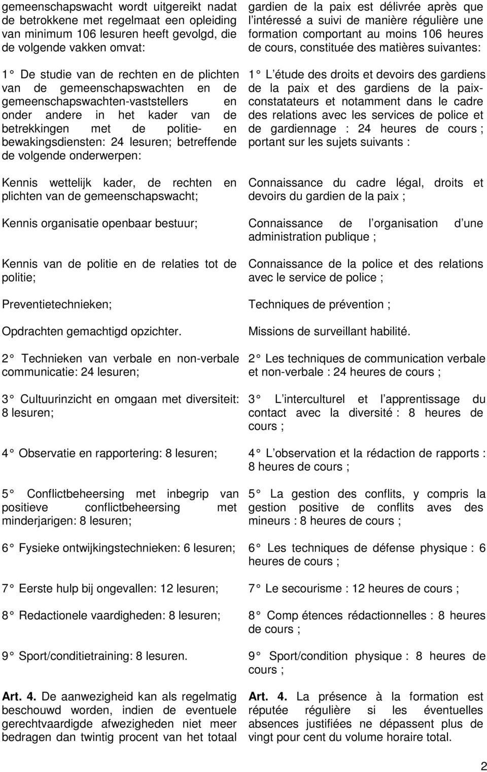 Kennis wettelijk kader, de rechten en plichten van de gemeenschapswacht; Kennis organisatie openbaar bestuur; Kennis van de politie en de relaties tot de politie; Preventietechnieken; Opdrachten