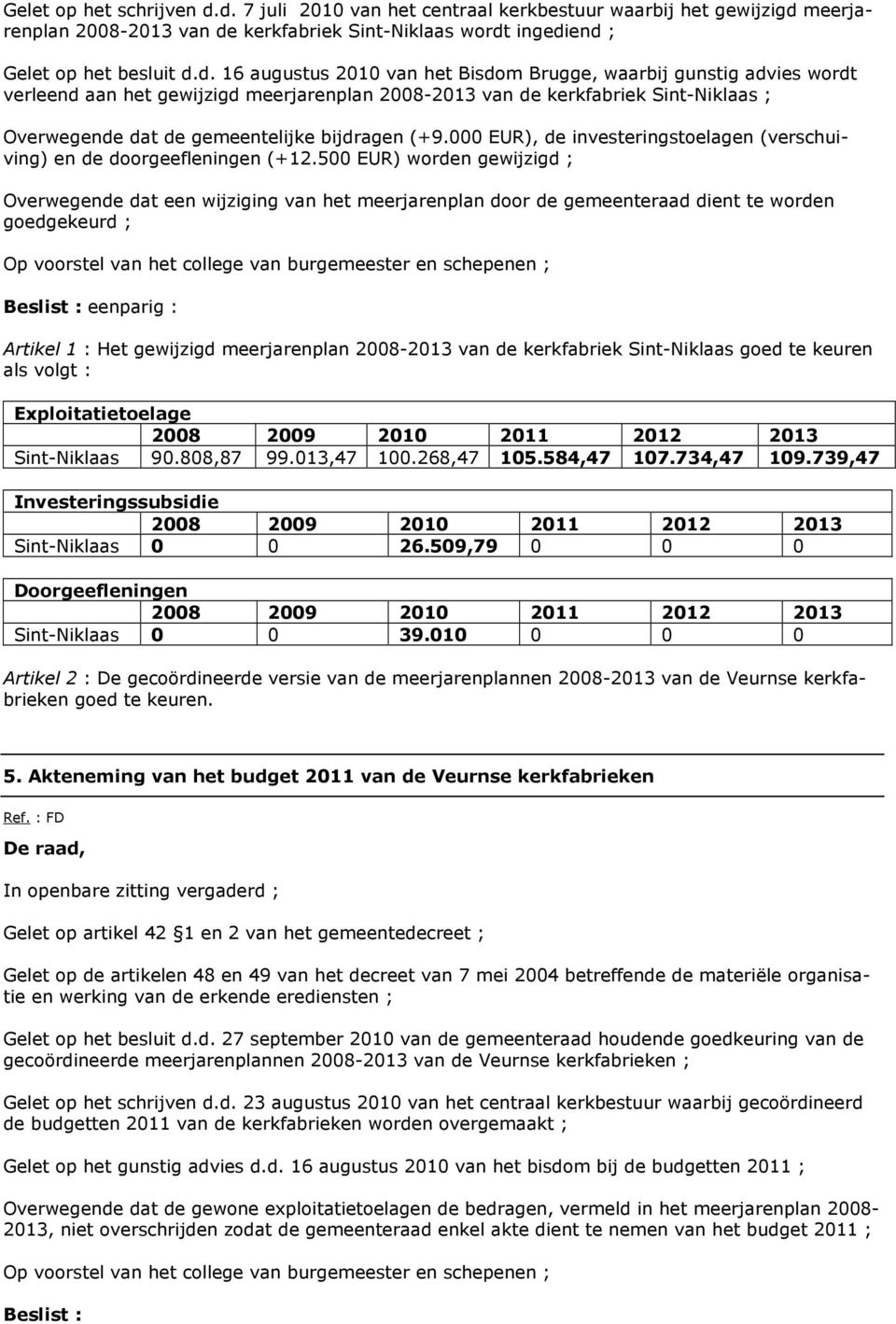 Brugge, waarbij gunstig advies wordt verleend aan het gewijzigd meerjarenplan 2008-2013 van de kerkfabriek Sint-Niklaas ; Overwegende dat de gemeentelijke bijdragen (+9.