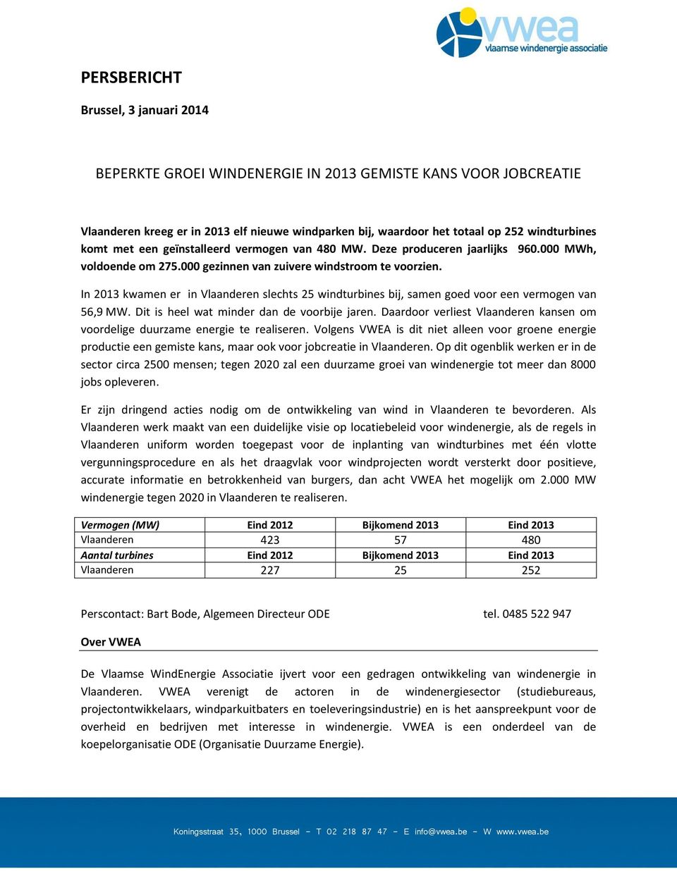 In 2013 kwamen er in Vlaanderen slechts 25 windturbines bij, samen goed voor een vermogen van 56,9 MW. Dit is heel wat minder dan de voorbije jaren.