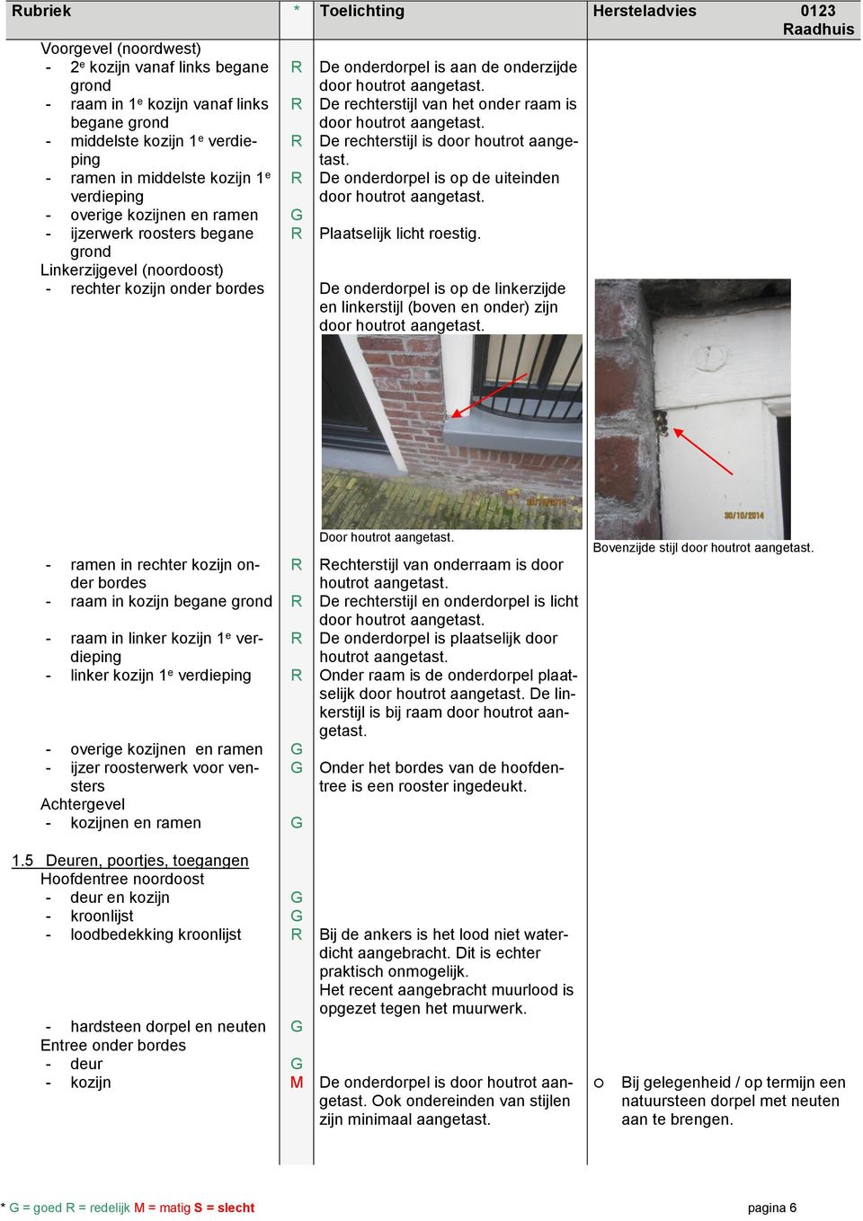 - ramen in middelste kozijn 1 e verdieping R De onderdorpel is op de uiteinden door houtrot aangetast. - overige kozijnen en ramen G - ijzerwerk roosters begane R Plaatselijk licht roestig.