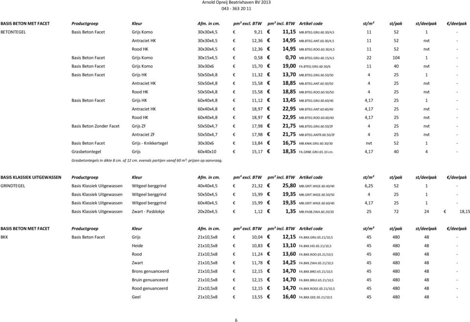 BTEG.GRIJ.60.15/4,5 22 104 1 - Basis Beton Facet Grijs Komo 30x30x6 15,70 19,00 FA.BTEG.GRIJ.60.30/6 11 40 nvt - Basis Beton Facet Grijs HK 50x50x4,8 11,32 13,70 MB.BTEG.GRIJ.60.50/50 4 25 1 - Antraciet HK 50x50x4,8 15,58 18,85 MB.