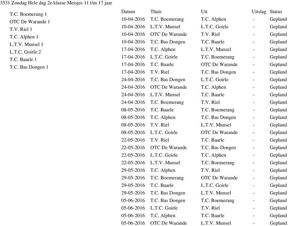 C. Baarle OTC De Warande 17-04-2016 T.V. Riel T.C. Bas Dongen 24-04-2016 T.C. Bas Dongen L.T.C. Goirle 24-04-2016 OTC De Warande T.C. Alphen 24-04-2016 L.T.V. Munsel T.C. Baarle 24-04-2016 T.C. Boemerang T.