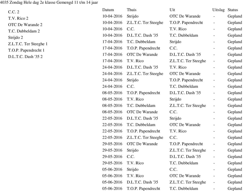 L.T.C. Dash '35 17-04-2016 T.V. Rico Z.L.T.C. Ter Steeghe 24-04-2016 D.L.T.C. Dash '35 T.V. Rico 24-04-2016 Z.L.T.C. Ter Steeghe OTC De Warande 24-04-2016 Strijdo T.O.P. Papendrecht 24-04-2016 C.C. T.C. Dubbeldam 08-05-2016 T.