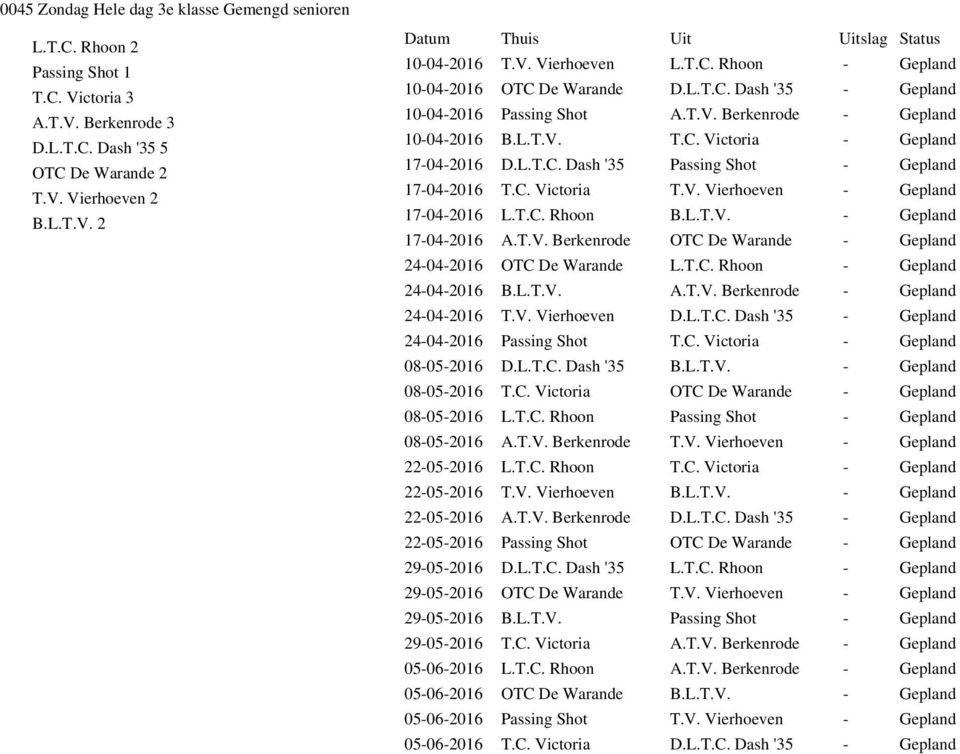 V. Vierhoeven 17-04-2016 L.T.C. Rhoon B.L.T.V. 17-04-2016 A.T.V. Berkenrode OTC De Warande 24-04-2016 OTC De Warande L.T.C. Rhoon 24-04-2016 B.L.T.V. A.T.V. Berkenrode 24-04-2016 T.V. Vierhoeven D.L.T.C. Dash '35 24-04-2016 Passing Shot T.