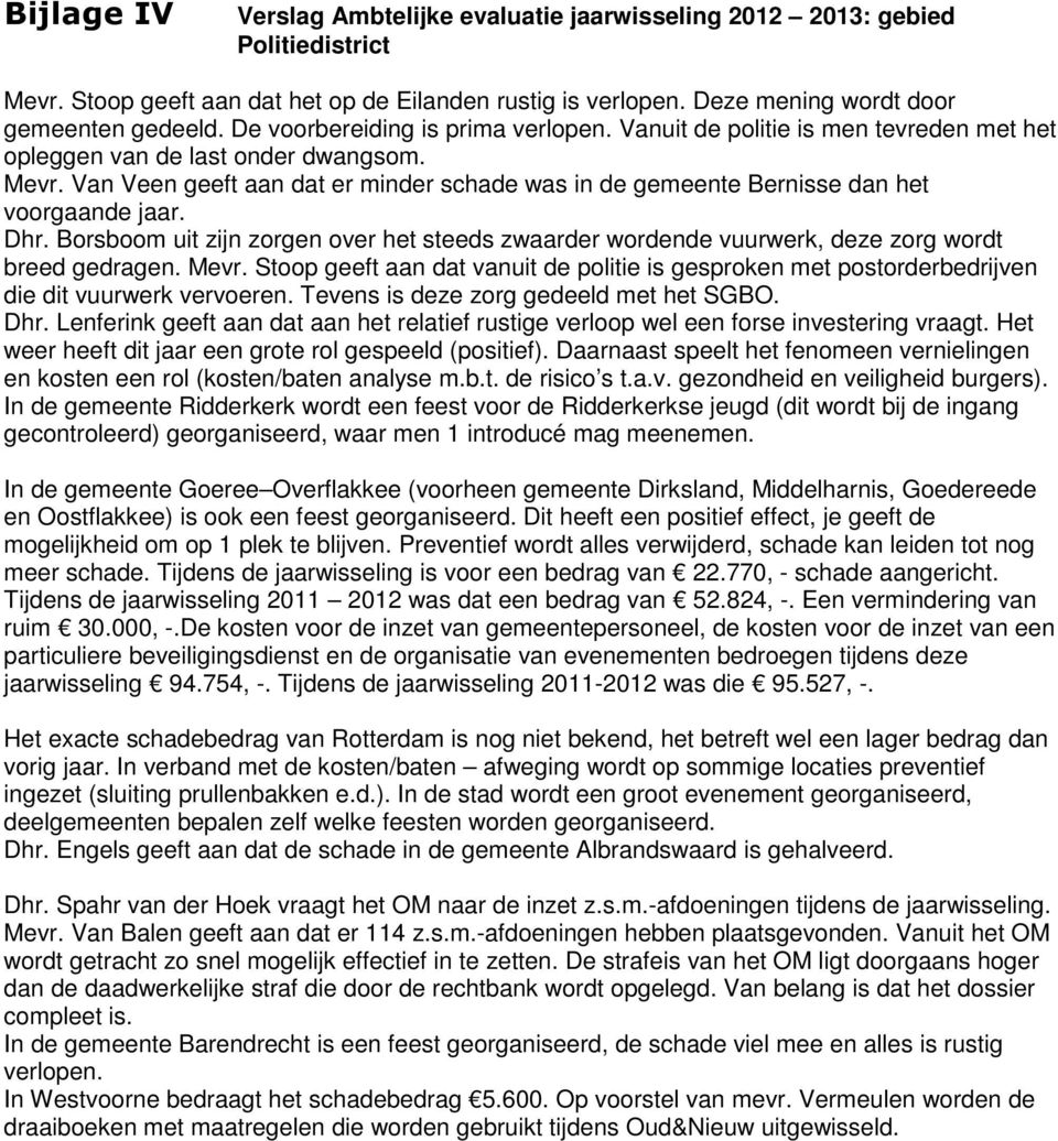 Van Veen geeft aan dat er minder schade was in de gemeente Bernisse dan het voorgaande jaar. Dhr. Borsboom uit zijn zorgen over het steeds zwaarder wordende vuurwerk, deze zorg wordt breed gedragen.