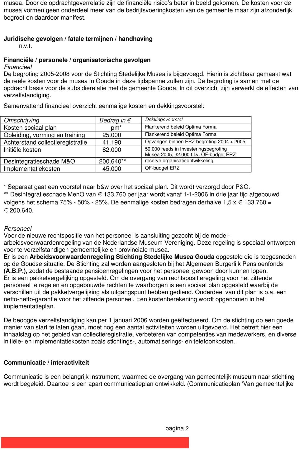 Juridische gevolgen / fatale termijnen / handhaving n.v.t. Financiële / personele / organisatorische gevolgen Financieel De begroting 2005-2008 voor de Stichting Stedelijke Musea is bijgevoegd.