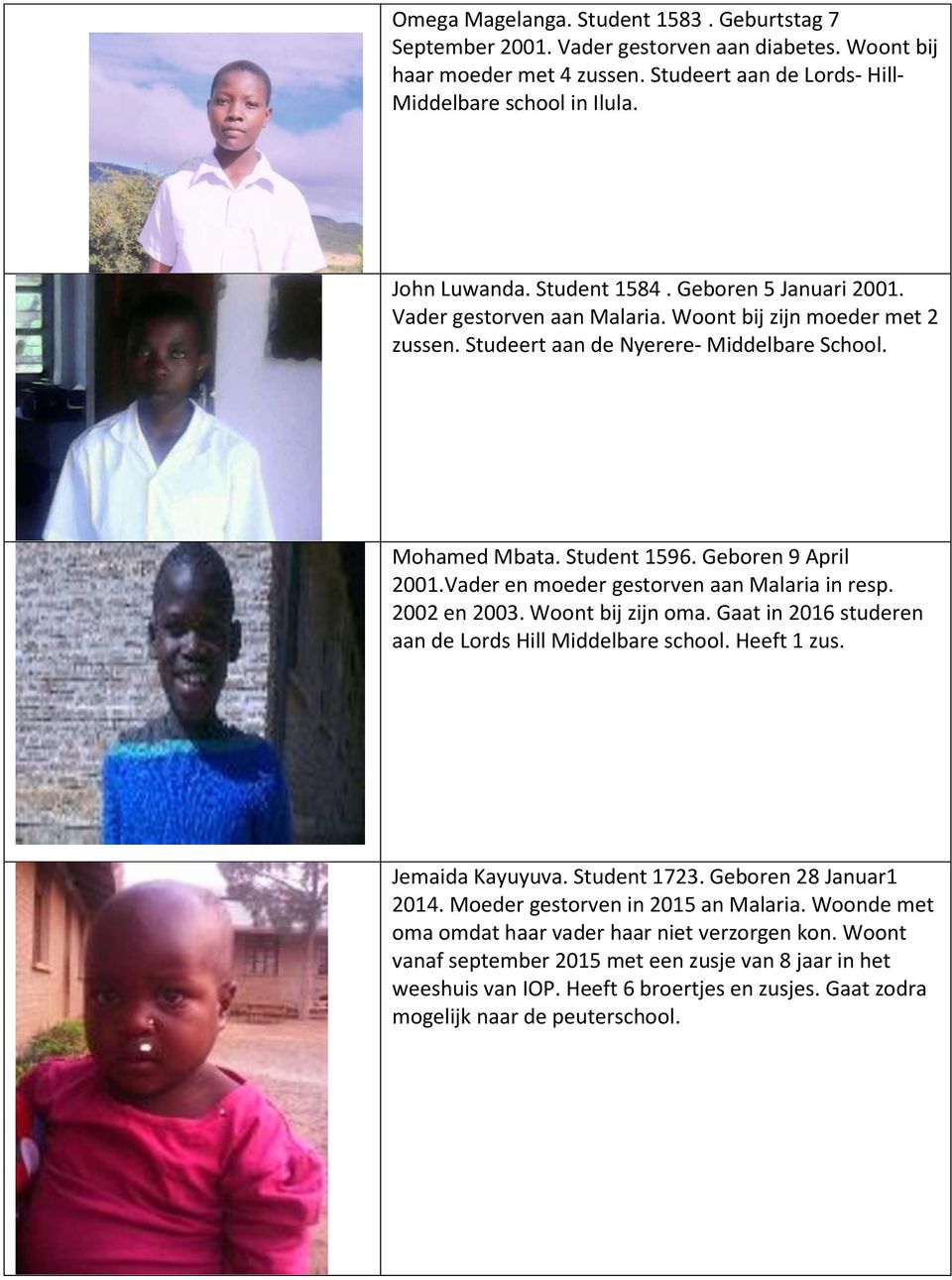 Vader en moeder gestorven aan Malaria in resp. 2002 en 2003. Woont bij zijn oma. Gaat in 2016 studeren aan de Lords Hill Middelbare school. Heeft 1 zus. Jemaida Kayuyuva. Student 1723.