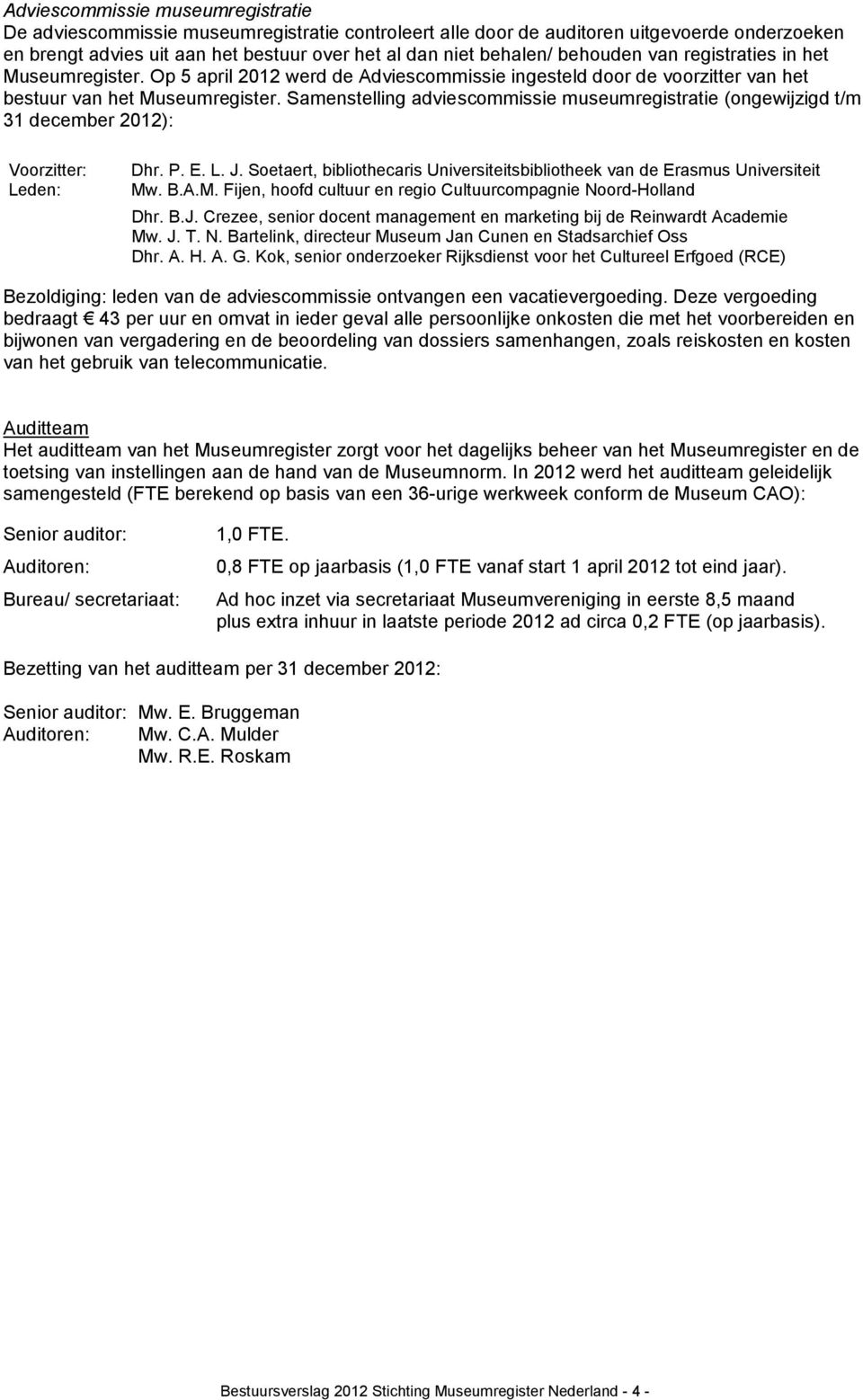 Samenstelling adviescommissie museumregistratie (ongewijzigd t/m 31 december 2012): Voorzitter: Leden: Dhr. P. E. L. J.