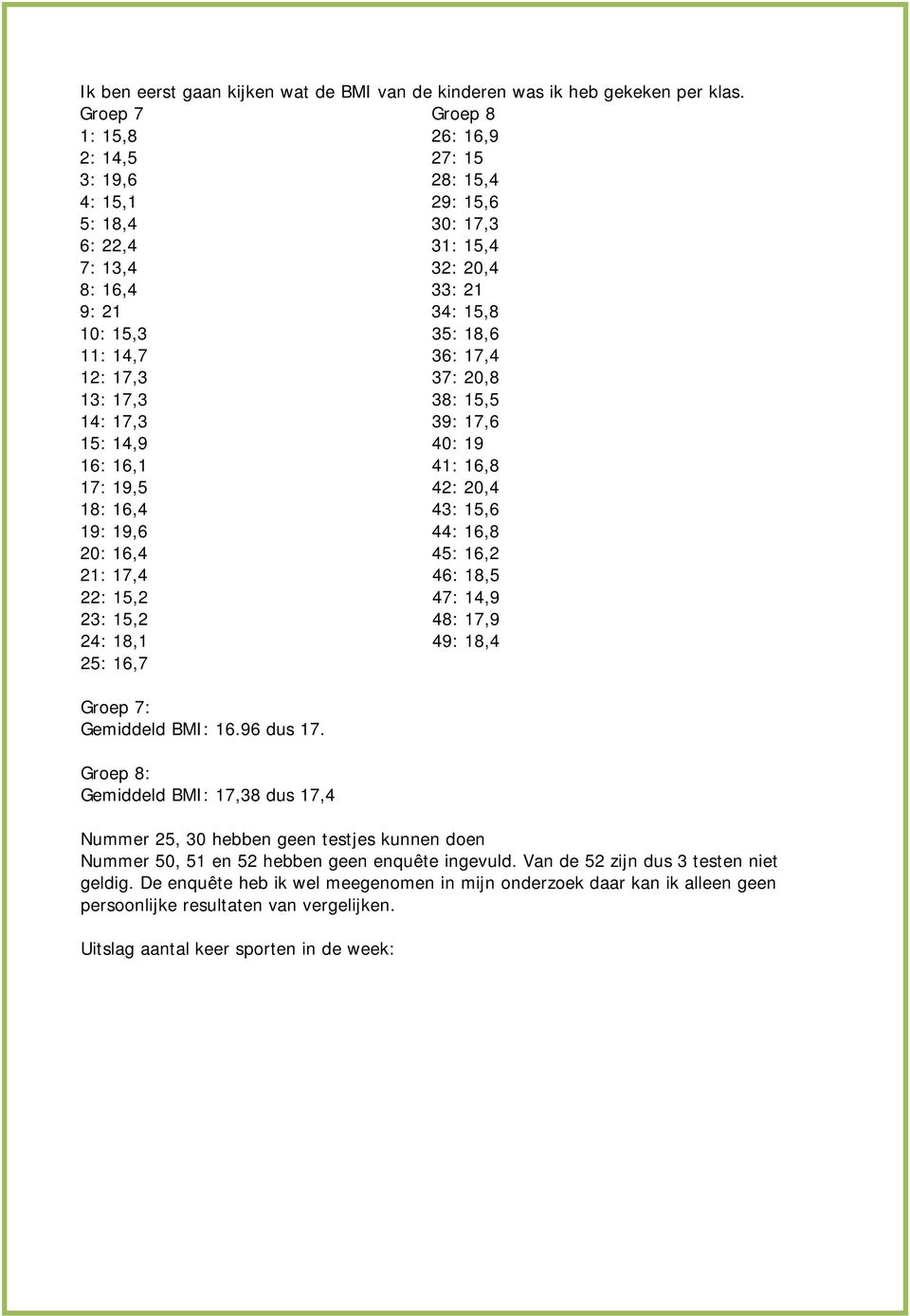 1: 17,3 39: 17, 15: 1,9 : 19 1: 1,1 1: 1,8 17: 19,5 :, 18: 1, 3: 15, 19: 19, : 1,8 : 1, 5: 1, 1: 17, : 18,5 : 15, 7: 1,9 3: 15, 8: 17,9 : 18,1 9: 18, 5: 1,7 Groep 7: Gemiddeld BMI: 1.9 dus 17.