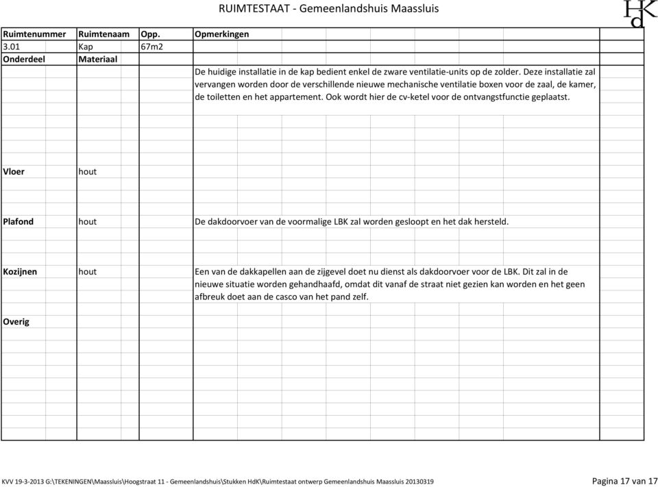 Ook wordt hier de cv ketel voor de ontvangstfunctie geplaatst. Vloer Plafond De dakdoorvoer van de voormalige LBK zal worden gesloopt en het dak hersteld.