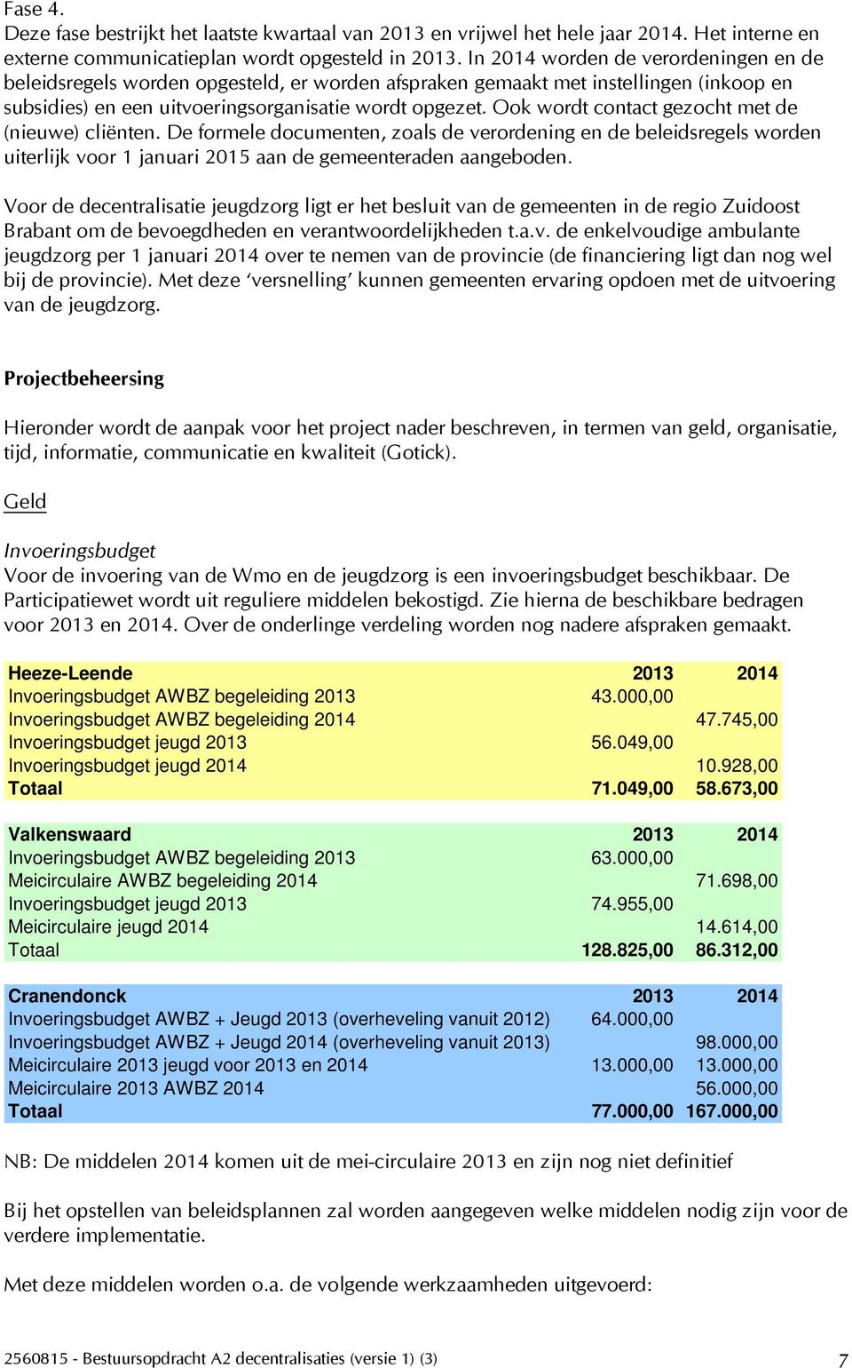 Ook wordt contact gezocht met de (nieuwe) cliënten. De formele documenten, zoals de verordening en de beleidsregels worden uiterlijk voor 1 januari 2015 aan de gemeenteraden aangeboden.