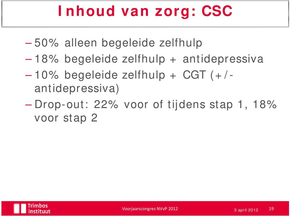 + CGT (+/- antidepressiva) Drop-out: out: 22% voor of