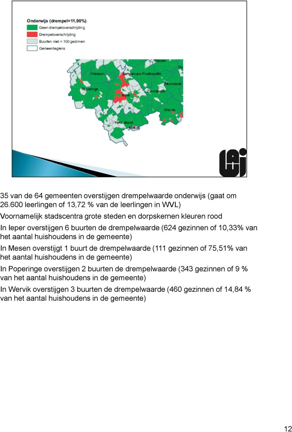 drempelwaarde (624 gezinnen of 10,33% van het aantal huishoudens in de gemeente) In Mesen overstijgt 1 buurt de drempelwaarde (111 gezinnen of 75,51% van het
