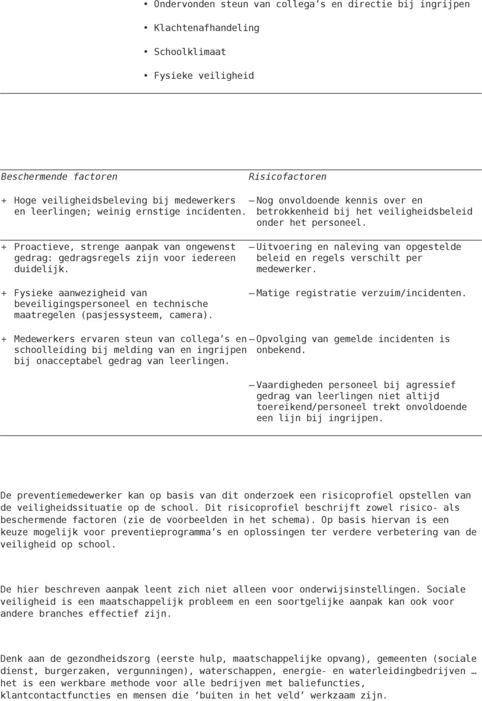 + Proactieve, strenge aanpak van ongewenst gedrag: gedragsregels zijn voor iedereen duidelijk. + Fysieke aanwezigheid van beveiligingspersoneel en technische maatregelen (pasjessysteem, camera).