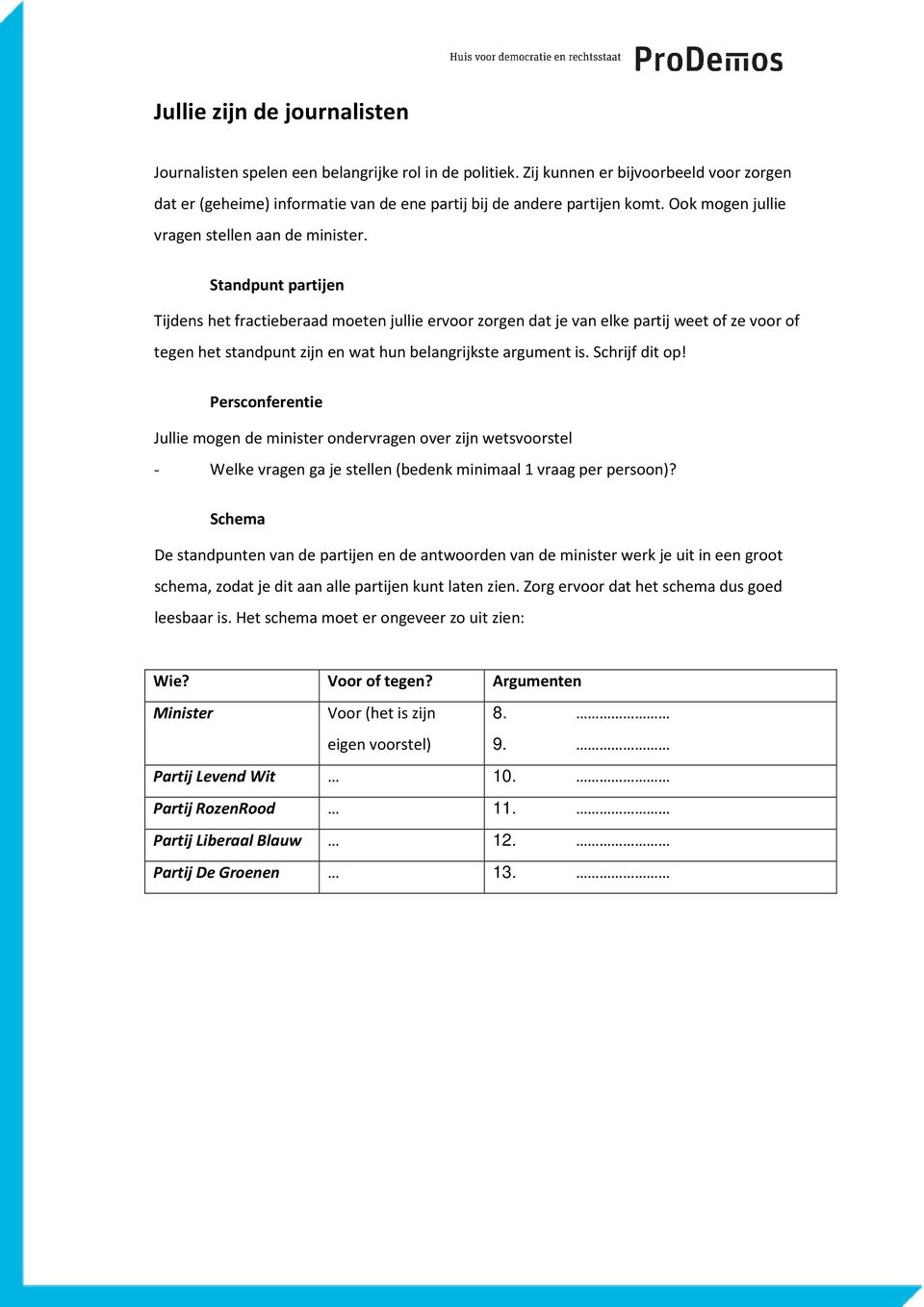 Standpunt partijen Tijdens het fractieberaad moeten jullie ervoor zorgen dat je van elke partij weet of ze voor of tegen het standpunt zijn en wat hun belangrijkste argument is. Schrijf dit op!