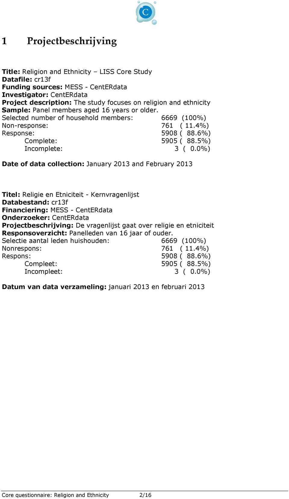 0%) Date of data collection: January 2013 and February 2013 Titel: Religie en Etniciteit - Kernvragenlijst Databestand: cr13f Financiering: MESS - CentERdata Onderzoeker: CentERdata