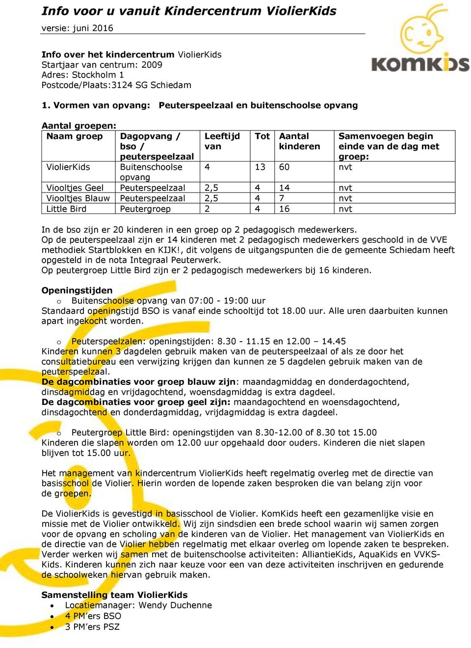 Viooltjes Geel Peuterspeelzaal 2,5 4 14 nvt Viooltjes Blauw Peuterspeelzaal 2,5 4 7 nvt Little Bird Peutergroep 2 4 16 nvt Samenvoegen begin einde van de dag met groep: In de bso zijn er 20 kinderen