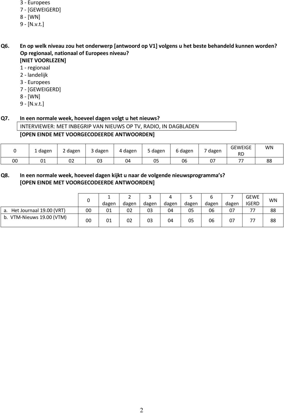 INTERVIEWER: MET INBEGRIP VAN NIEUWS OP TV, RADIO, IN DAGBLADEN [OPEN EINDE MET VOORGECODEERDE ANTWOORDEN] GEWEIGE WN 0 1 dagen 2 dagen 3 dagen 4 dagen 5 dagen 6 dagen 7 dagen RD 00 01 02 03 04 05