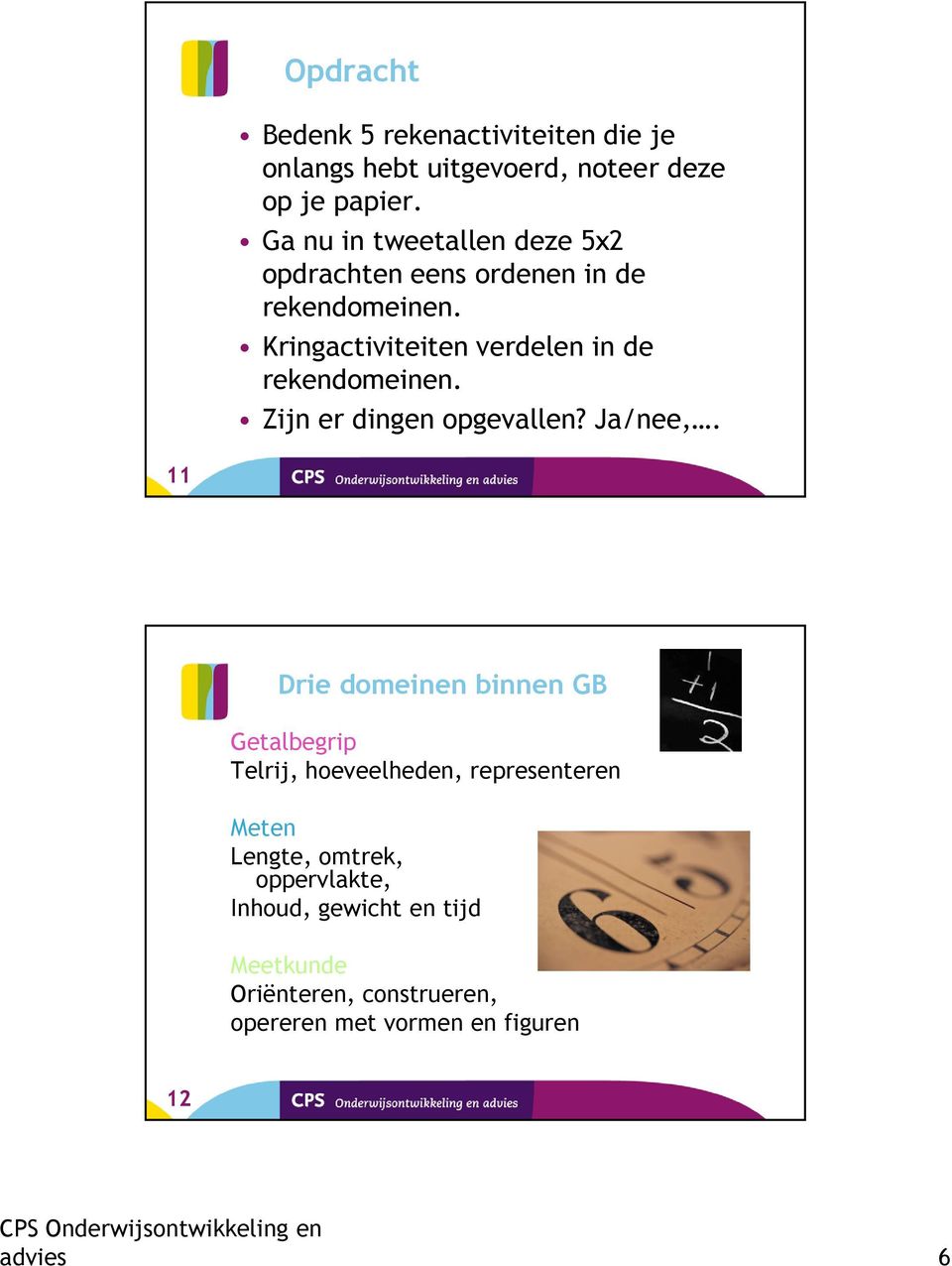 Kringactiviteiten verdelen in de rekendomeinen. Zijn er dingen opgevallen? Ja/nee,.