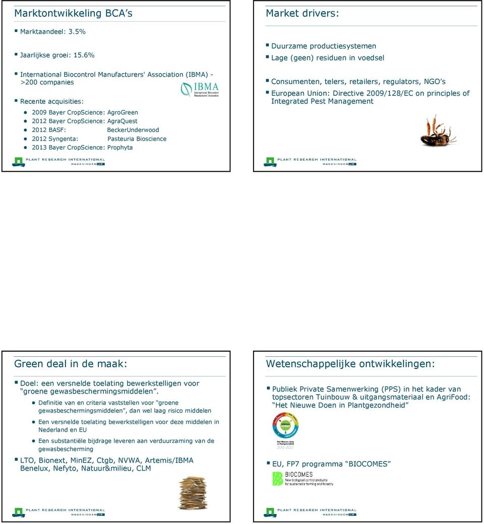 Syngenta: Pasteuria Bioscience 2013 Bayer CropScience: Prophyta Duurzame productiesystemen Lage (geen) residuen in voedsel Consumenten, telers, retailers, regulators, NGO s European Union: Directive