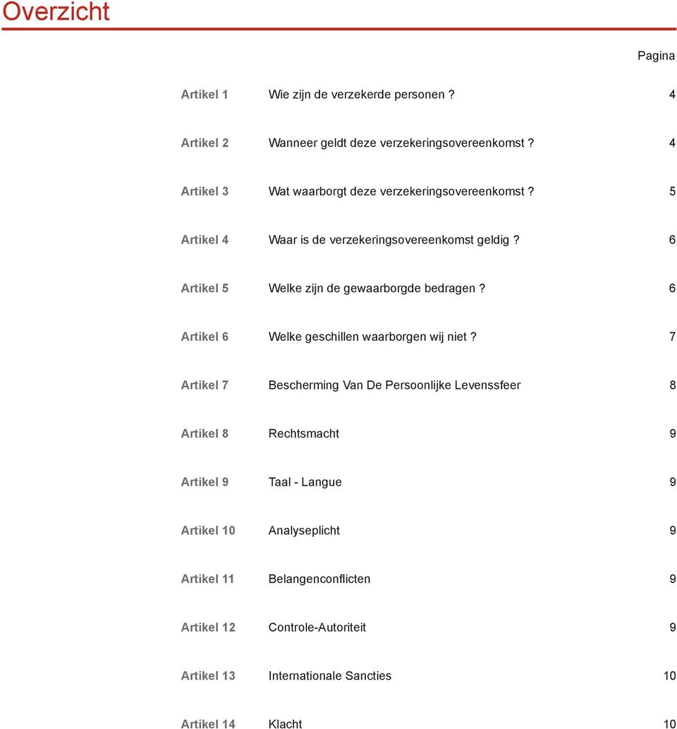 6 Artikel 5 Welke zijn de gewaarborgde bedragen? 6 Artikel 6 Welke geschillen waarborgen wij niet?