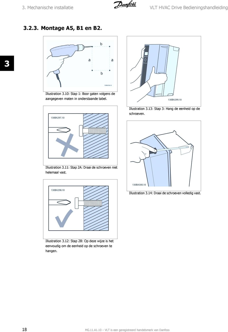 13: Stap 3: Hang de eenheid op de schroeven. Illustration 3.11: Stap 2A: Draai de schroeven niet helemaal vast. Illustration 3.14: Draai de schroeven volledig vast.