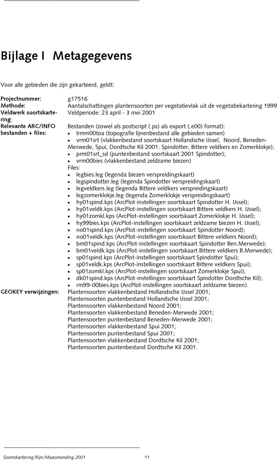 e00) format): lrmm00toa (topografie lijnenbestand alle gebieden samen) vrm01srt (vlakkenbestand soortskaart Hollandsche IJssel, Noord, Beneden- Merwede, Spui, Dordtsche Kil 2001: Spindotter, Bittere