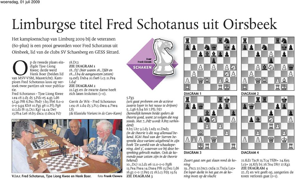 Kampioen Fred Schotanus koos op verzoek twee partijen uit voor publicatie. Fred Schotanus - Tjoe Liong Kwee 1.e4 c6 2.d3 d5 3.Pd2 e5 4.g3 Ld6 5.Lg2 Pf6 6.Pe2 Pbd7 7.h3 Pb6 8.0-0 0-0 9.g4 Kh8 10.