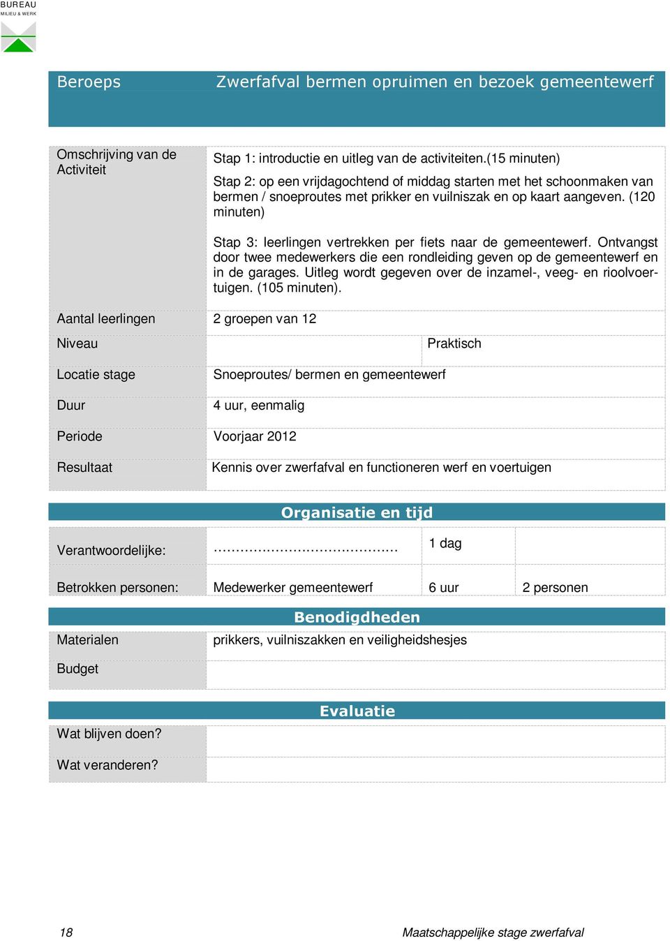 (120 minuten) Aantal leerlingen 2 groepen van 12 Stap 3: leerlingen vertrekken per fiets naar de gemeentewerf.