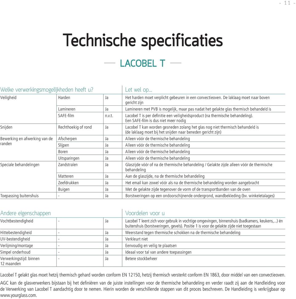Een SAFE-film is dus niet meer nodig Snijden Rechthoekig of rond Ja Lacobel T kan worden gesneden zolang het glas nog niet thermisch behandeld is (de laklaag moet bij het snijden naar beneden gericht