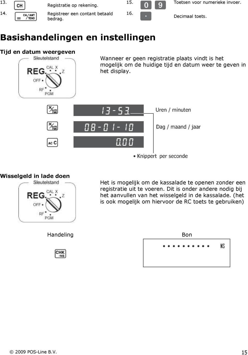 datum weer te geven in het display. Wisselgeld in lade doen Het is mogelijk om de kassalade te openen zonder een registratie uit te voeren.