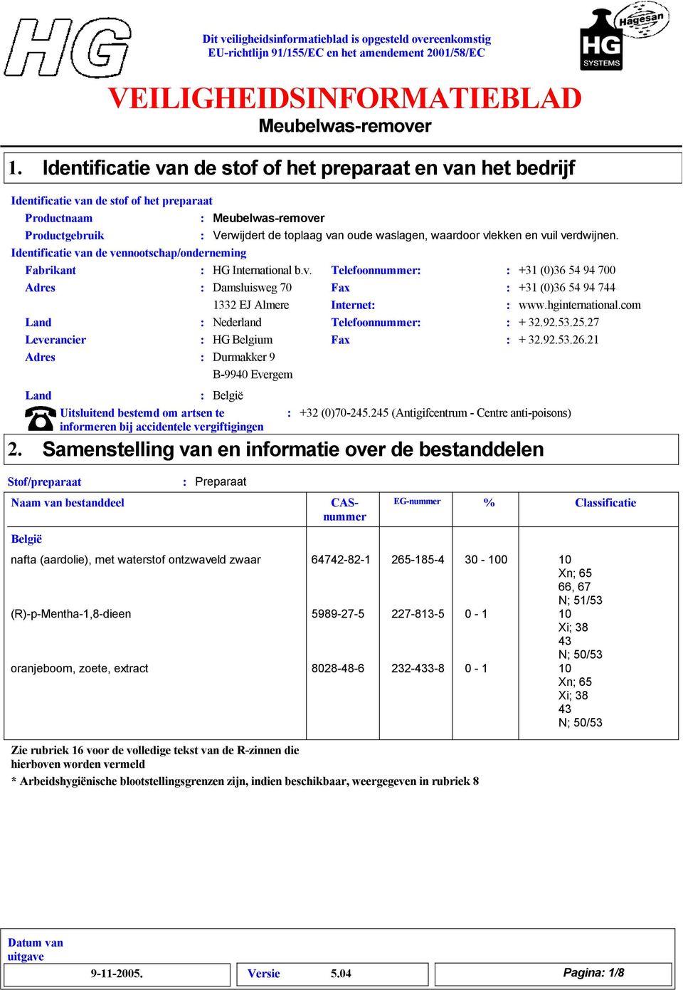 Land België Uitsluitend bestemd om artsen te informeren bij accidentele vergiftigingen Telefoonnummer +1 (0)6 54 94 700 Fax +1 (0)6 54 94 744 Internet www.hginternational.com Telefoonnummer + 2.92.5.25.